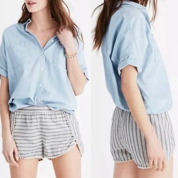 Madewell Oahu Cover-Up Shorts in Stripe White blue pom pom trim MEDIUM cotton - Picture 2 of 9